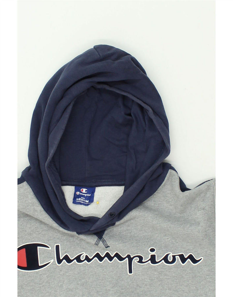 CHAMPION Womens Graphic Hoodie Jumper UK 14 Medium Grey Colourblock Cotton | Vintage Champion | Thrift | Second-Hand Champion | Used Clothing | Messina Hembry 