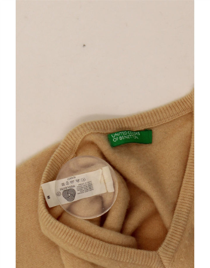 BENETTON Womens Crop V-Neck Jumper Sweater UK 12 Medium Beige Wool