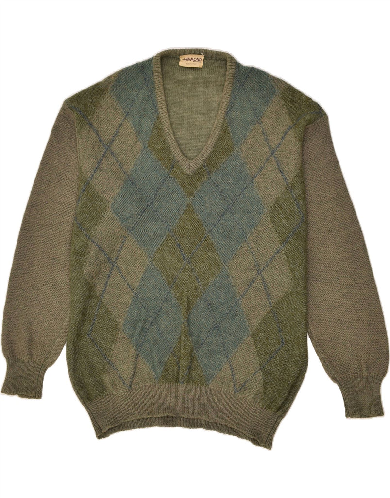 HEMMOND Mens V-Neck Jumper Sweater XL Green Argyle/Diamond Wool | Vintage Hemmond | Thrift | Second-Hand Hemmond | Used Clothing | Messina Hembry 