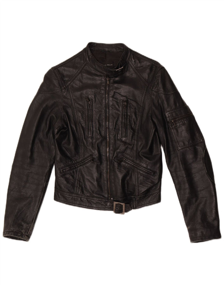 Vintage Womens Crop Leather Biker Jacket UK 10 Small Black Leather
