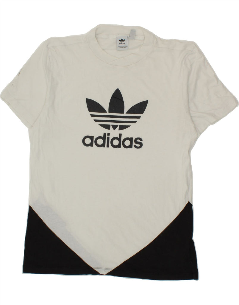 ADIDAS Womens Longline Graphic T-Shirt Top UK 10 Small  White Colourblock Vintage Adidas and Second-Hand Adidas from Messina Hembry 