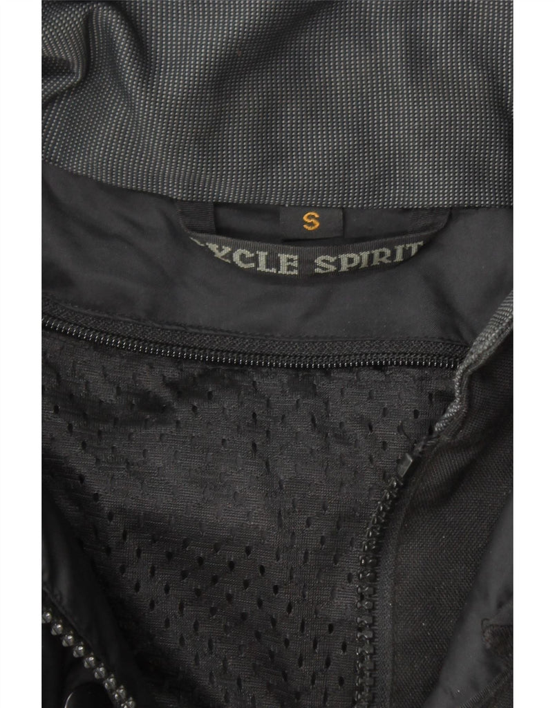 CYCLE SPIRIT Mens Graphic Racer Jacket UK 36 Small Black Colourblock Vintage Cycle Spirit and Second-Hand Cycle Spirit from Messina Hembry 