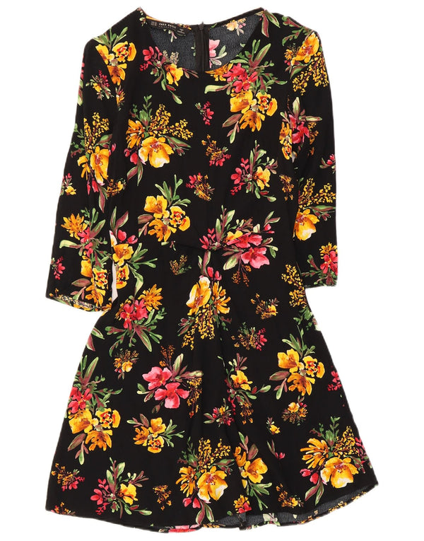 Zara Womens 3/4 Sleeve A-Line Dress UK 4 XS Black Floral Viscose