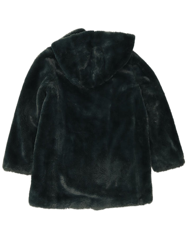 Dkny Womens Oversized Hooded Faux Fur Overcoat UK 6 XS Green Polyester