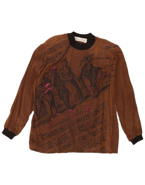 Vintage Womens Graphic Top Long Sleeve EU 42 Large Brown Viscose