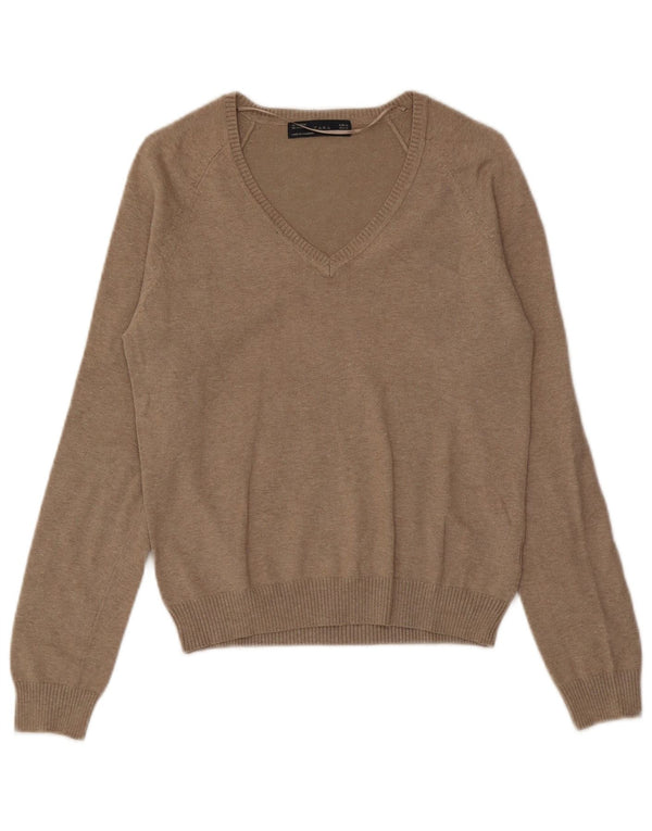 Zara Womens V-Neck Jumper Sweater UK 18 XL Brown Cotton