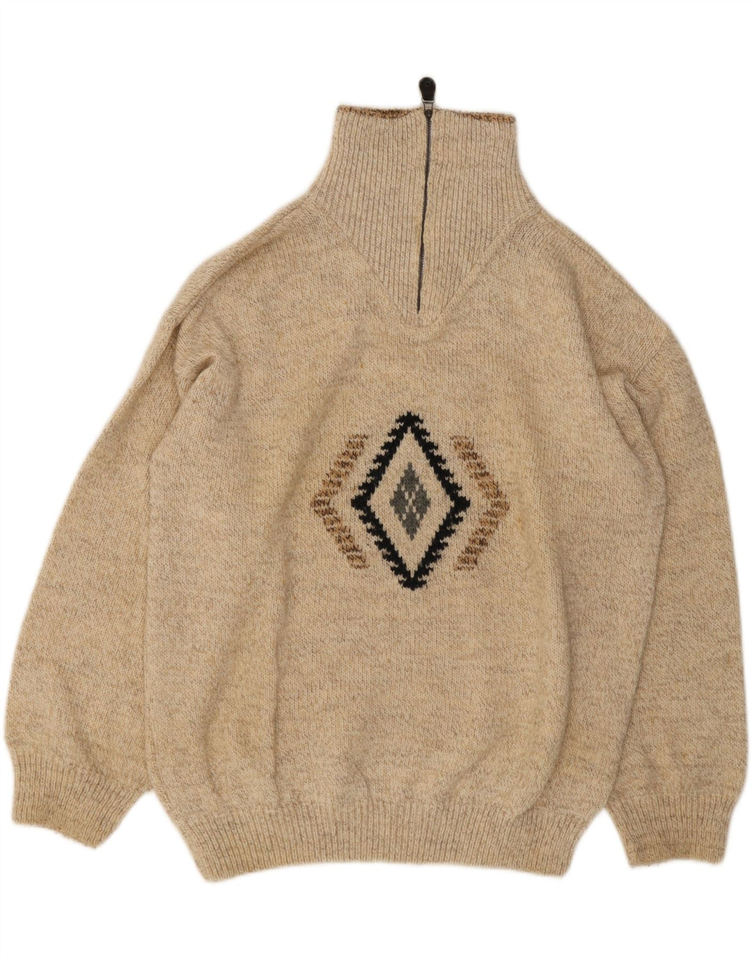 NEW LOOK Mens Zip Neck Jumper Sweater Large Beige Argyle/Diamond Acrylic Vintage NEW LOOK and Second-Hand NEW LOOK from Messina Hembry 