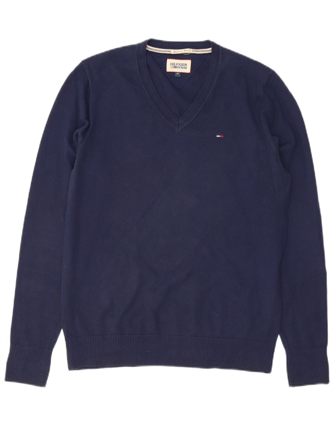 TOMMY HILFIGER Mens V-Neck Jumper Sweater Medium Navy Blue Cotton