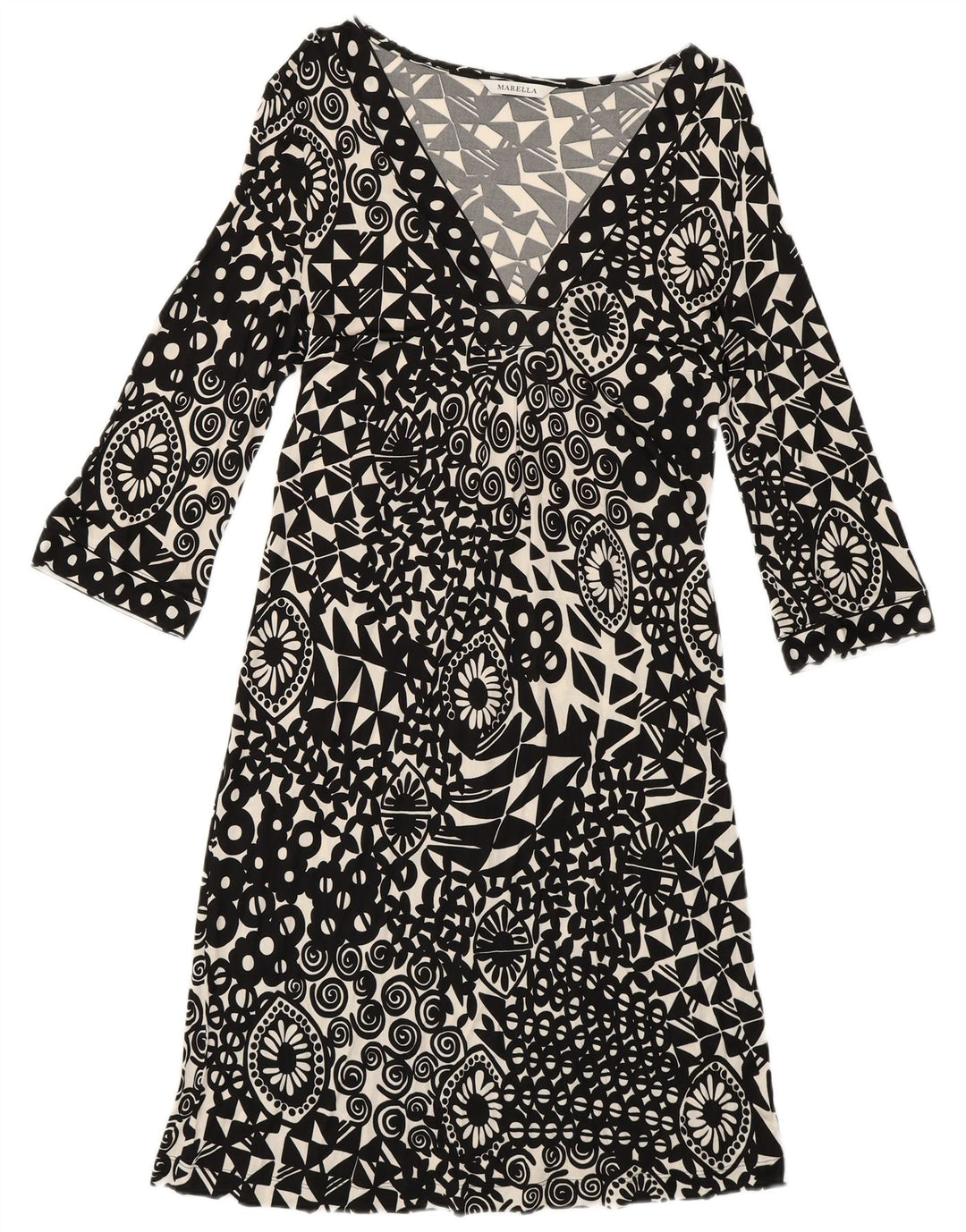 Marella Womens 3/4 Sleeve A-Line Dress UK 12 Medium Black Geometric