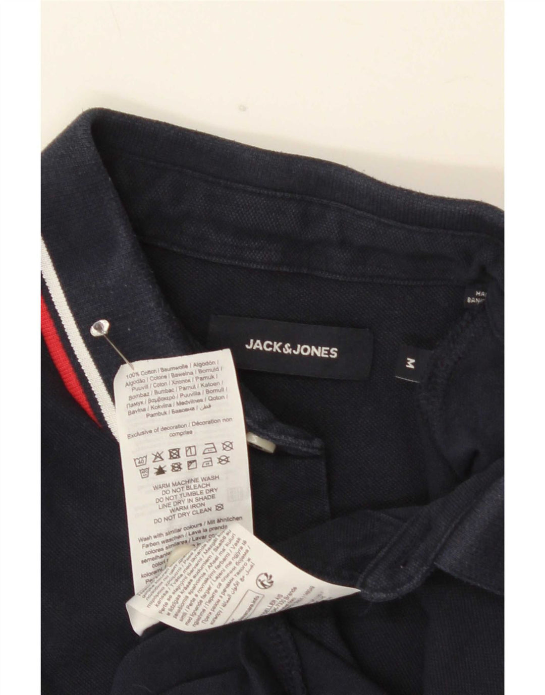 Jack & Jones Mens Polo Shirt Medium Navy Blue Striped Cotton