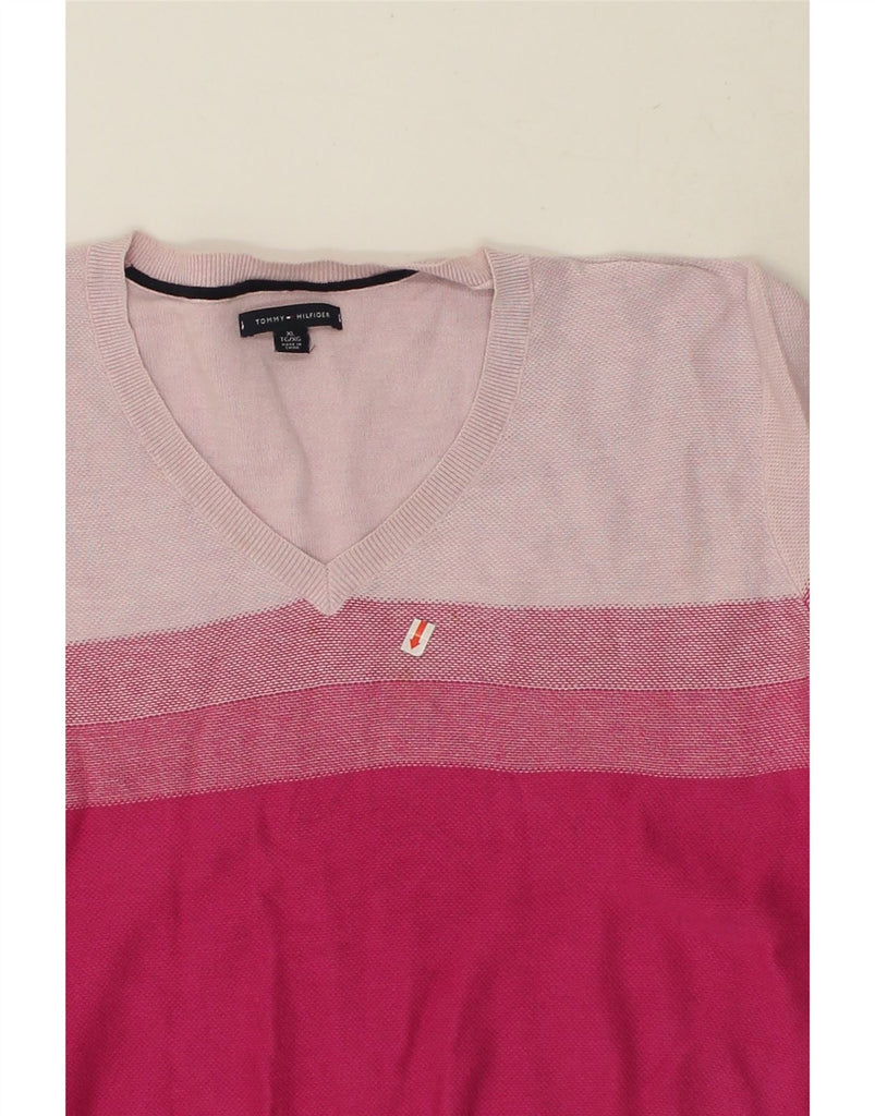 TOMMY HILFIGER Womens V-Neck Jumper Sweater UK 18 XL Pink Colourblock | Vintage Tommy Hilfiger | Thrift | Second-Hand Tommy Hilfiger | Used Clothing | Messina Hembry 