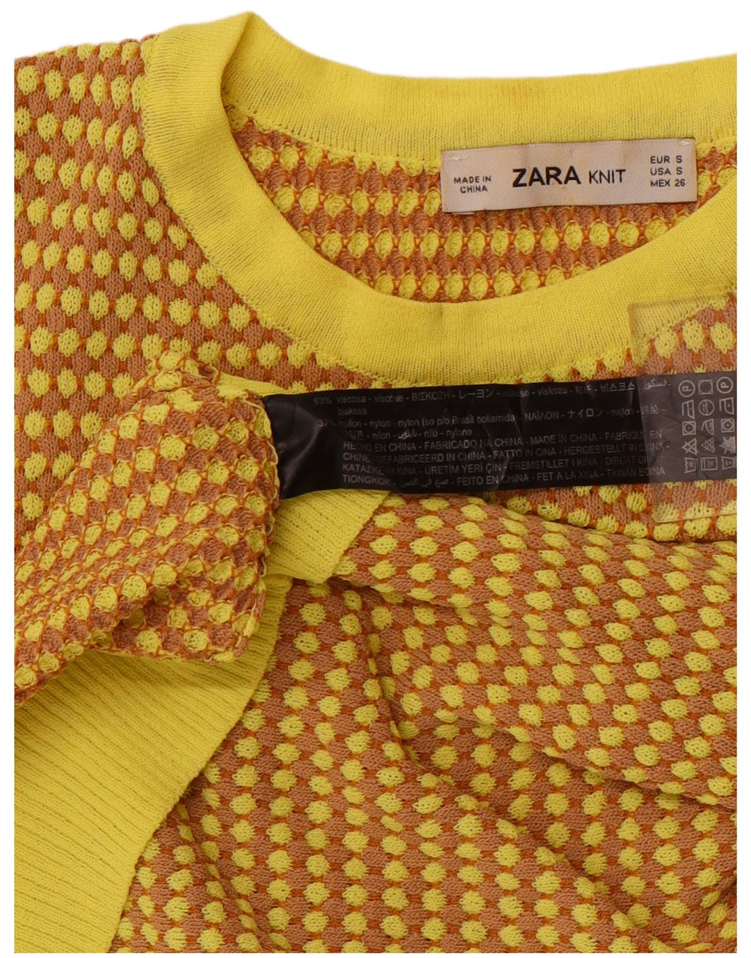 ZARA Womens Crop Crew Neck Jumper Sweater UK 8 Small Yellow Geometric