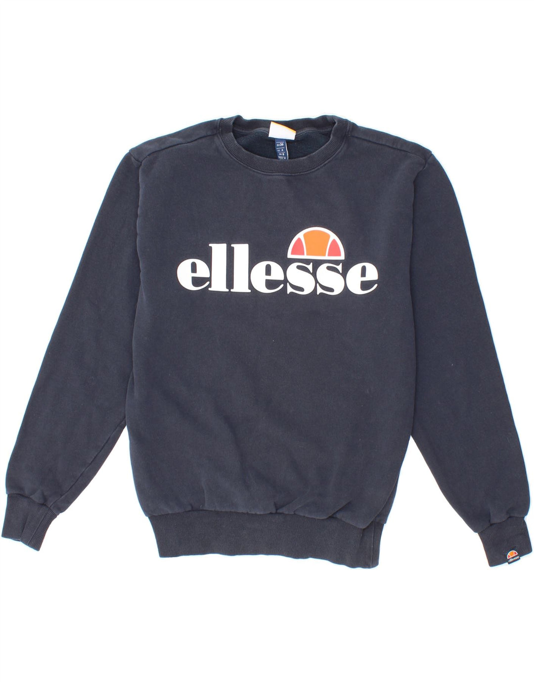 ELLESSE Womens Graphic Sweatshirt Jumper UK 8 Small Navy Blue Cotton Vintage Ellesse and Second-Hand Ellesse from Messina Hembry 