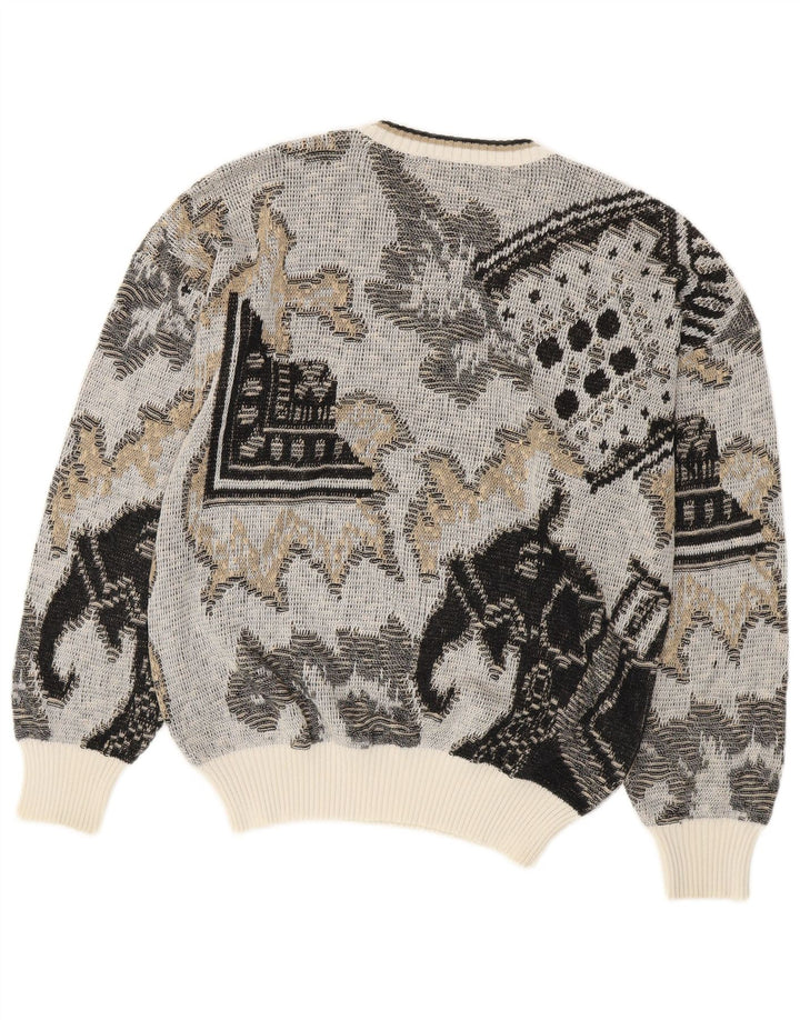 Vintage Mens Crew Neck Jumper Sweater Medium Grey Geometric Cotton