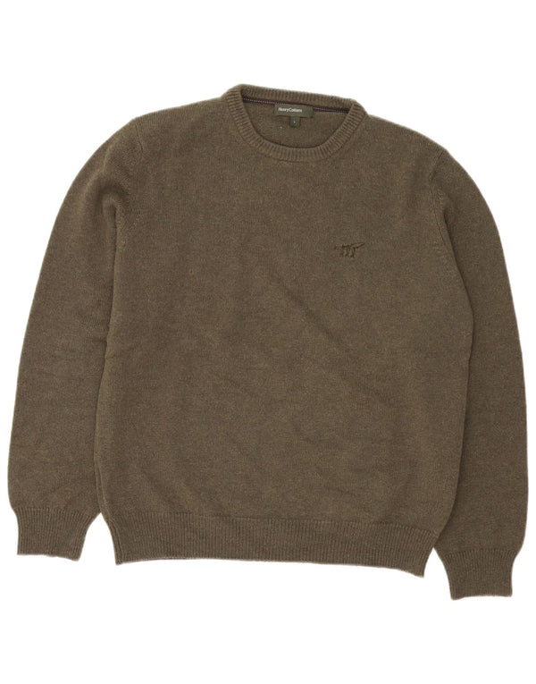 Henry Cottons Mens Crew Neck Jumper Sweater Large Khaki Virgin Wool
