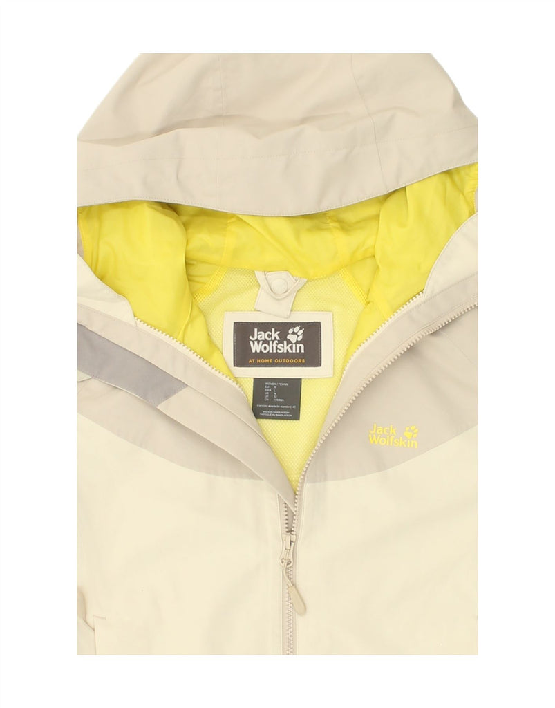 JACK WOLFSKIN Womens Hooded Rain Jacket UK 12 Medium Beige Colourblock Vintage Jack Wolfskin and Second-Hand Jack Wolfskin from Messina Hembry 