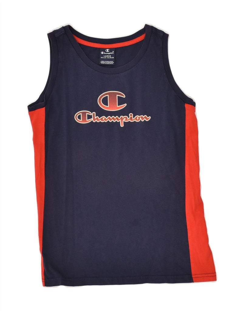 CHAMPION Boys Graphic Vest Top 11-12 Years Large Navy Blue Colourblock | Vintage Champion | Thrift | Second-Hand Champion | Used Clothing | Messina Hembry 