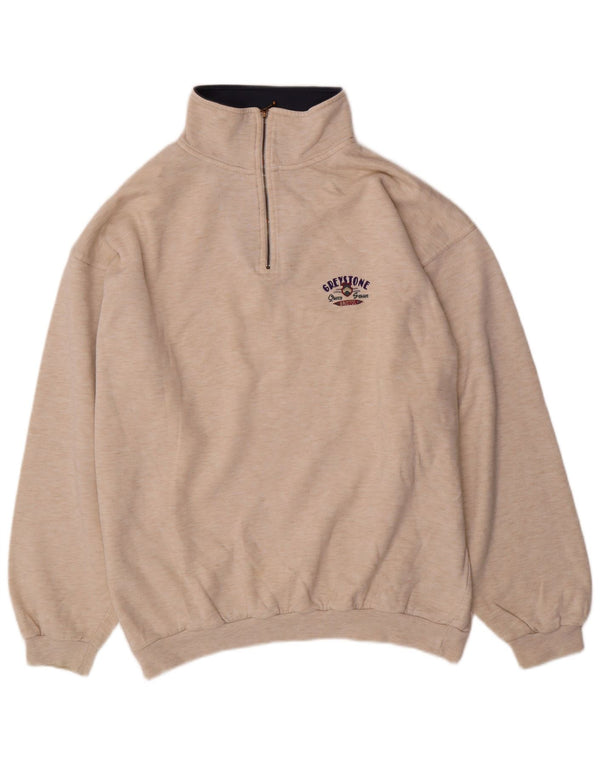 Vintage Mens Zip Neck Sweatshirt Jumper XL Beige Flecked Cotton
