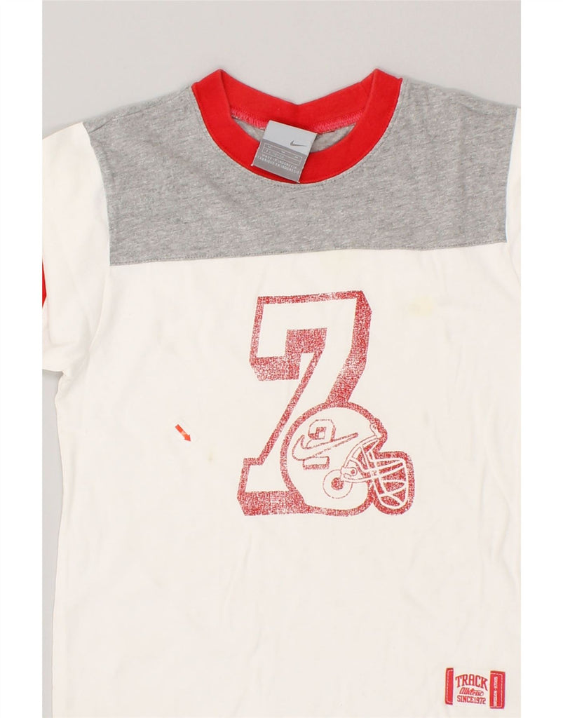 NIKE Boys Graphic T-Shirt Top 5-6 Years Medium  White Colourblock Cotton | Vintage Nike | Thrift | Second-Hand Nike | Used Clothing | Messina Hembry 