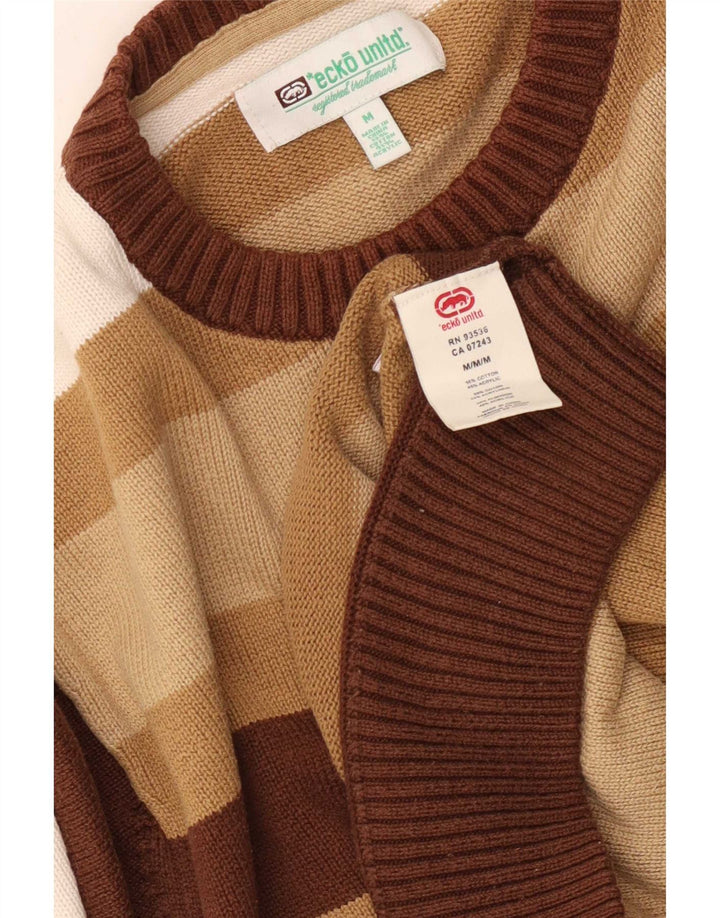 Ecko Unltd Mens Crew Neck Jumper Sweater Medium Brown Striped Cotton