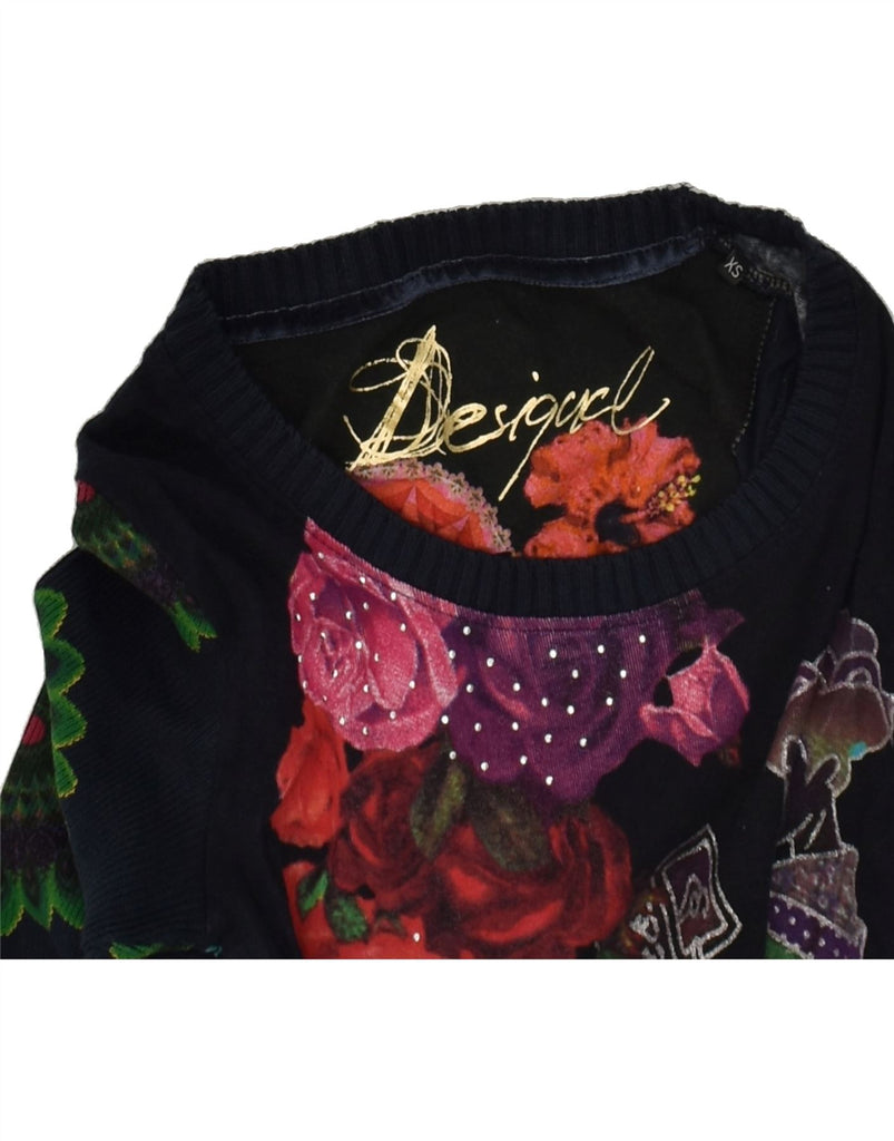 DESIGUAL Womens Graphic Boat Neck Jumper Sweater UK 6 XS Black Floral | Vintage Desigual | Thrift | Second-Hand Desigual | Used Clothing | Messina Hembry 