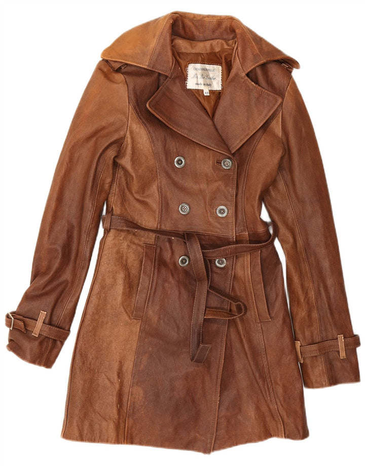 Vintage Womens Double Breasted Leather Coat IT 42 Medium Brown Leather