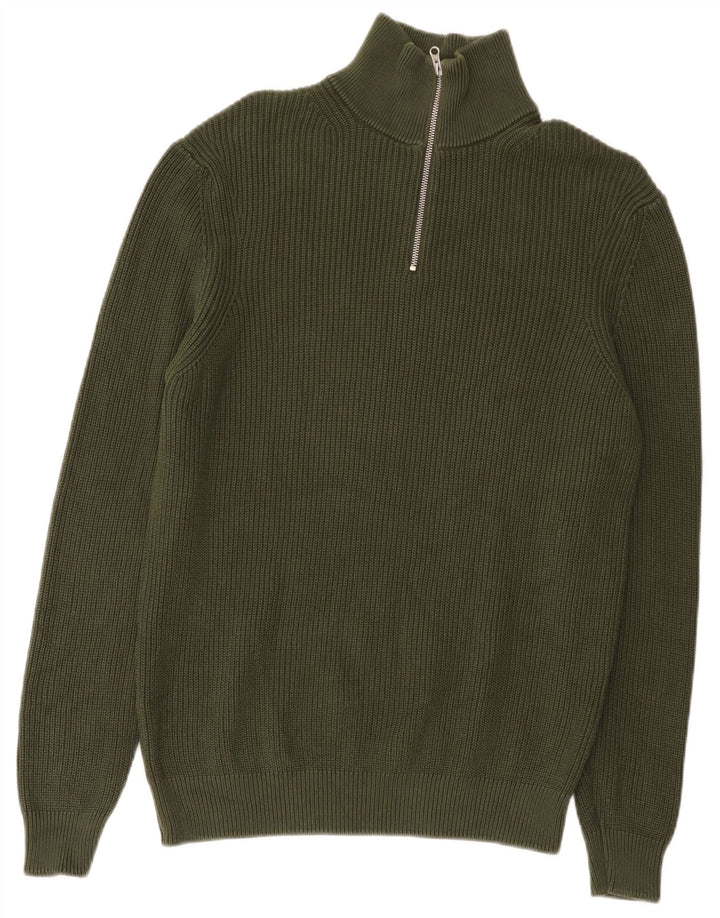 ZARA Mens Zip Neck Jumper Sweater Large Green Cotton
