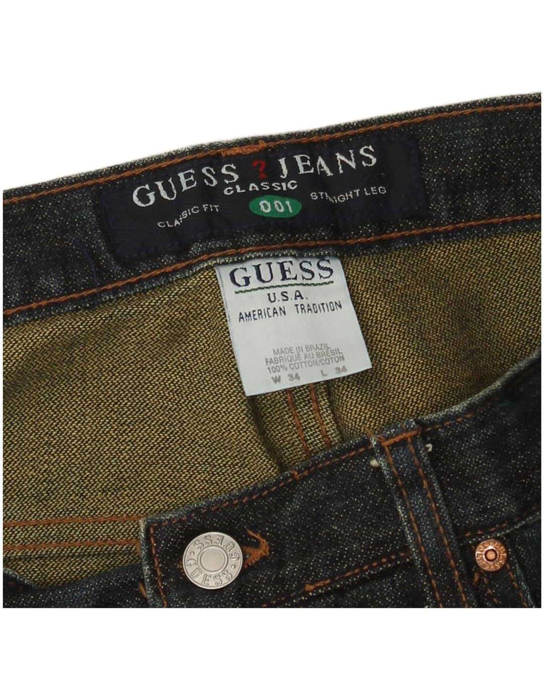 Guess Mens Classic Fit Straight Jeans W34 L34 Navy Blue Cotton