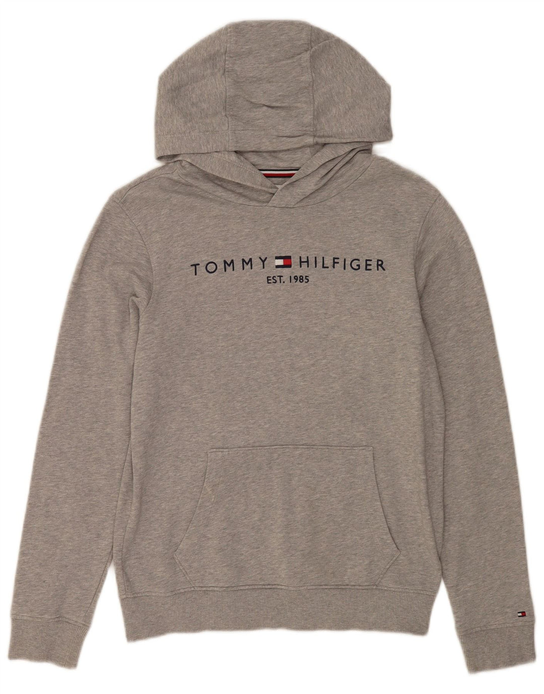 TOMMY HILFIGER Girls Graphic Hoodie Jumper 13-14 Years Grey Flecked Cotton