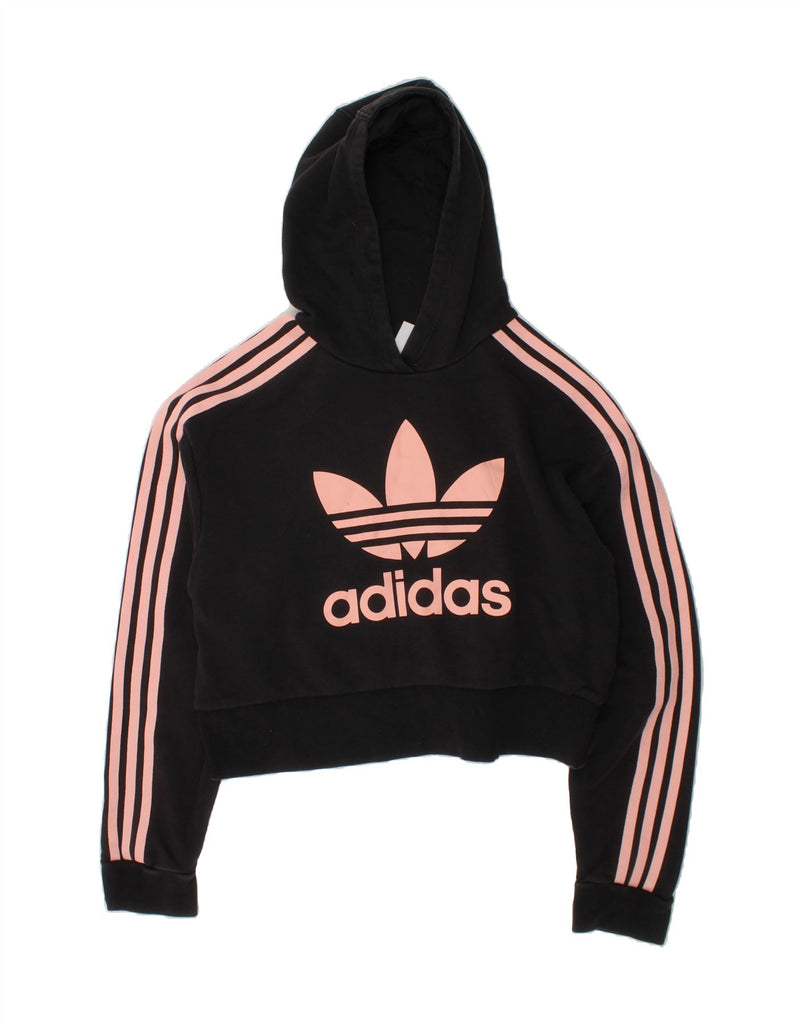 ADIDAS Girls Crop Graphic Hoodie Jumper 12-13 Years Black Cotton Vintage Adidas and Second-Hand Adidas from Messina Hembry 