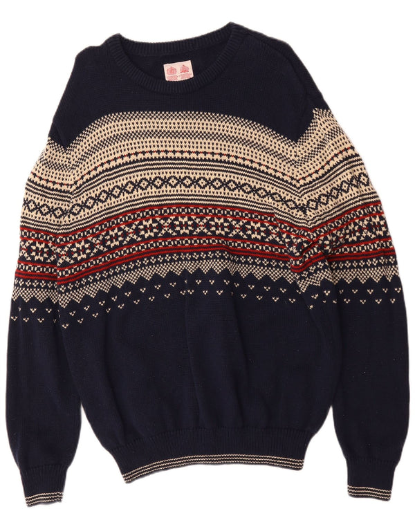 Musto Mens Boat Neck Jumper Sweater XL Navy Blue Fair Isle Cotton