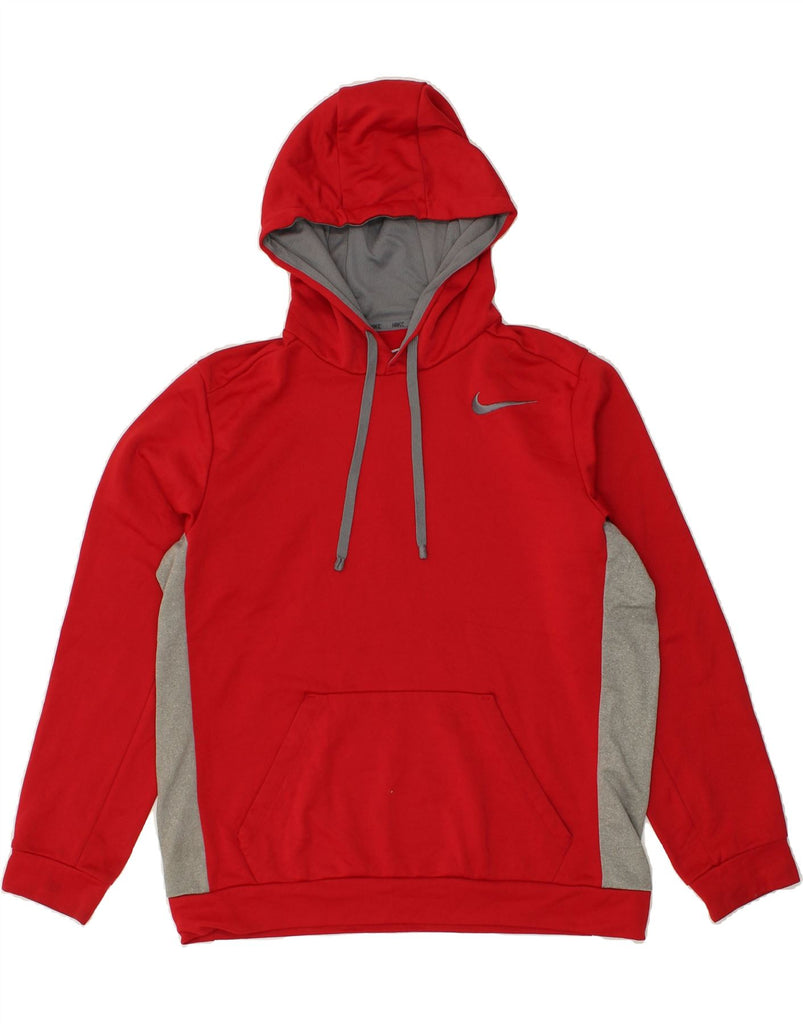 NIKE Mens Therma-Fit Hoodie Jumper Medium Red Colourblock Polyester | Vintage Nike | Thrift | Second-Hand Nike | Used Clothing | Messina Hembry 