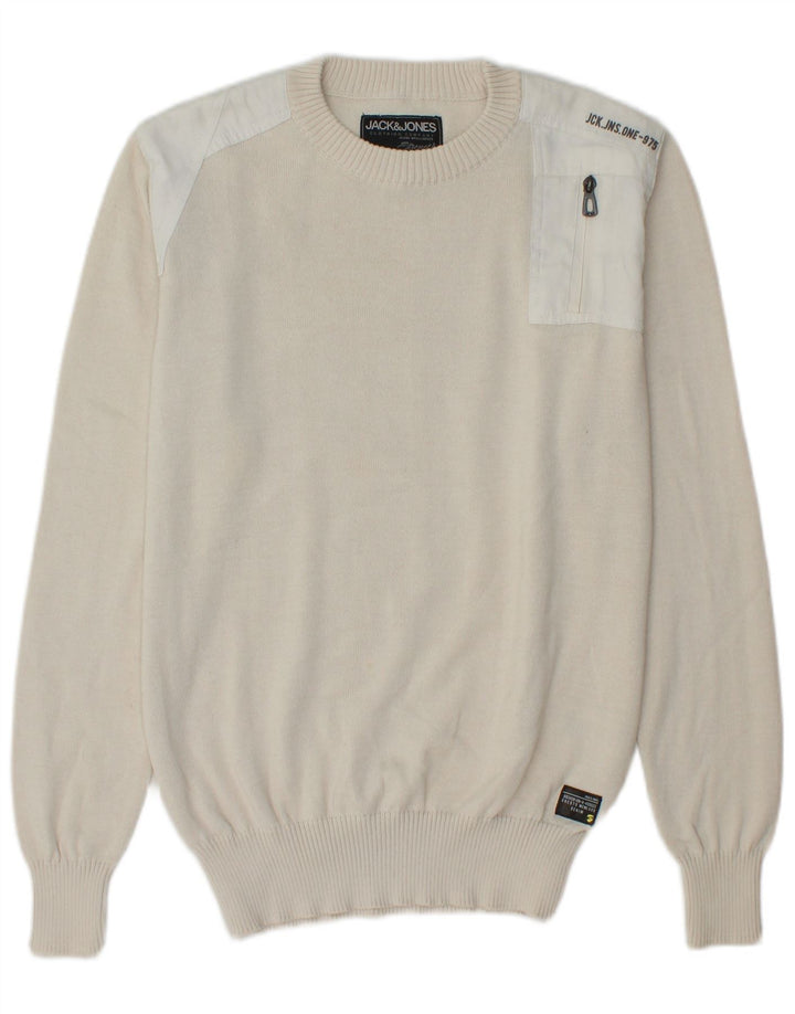 JACK & JONES Mens Graphic Crew Neck Jumper Sweater Small Off White