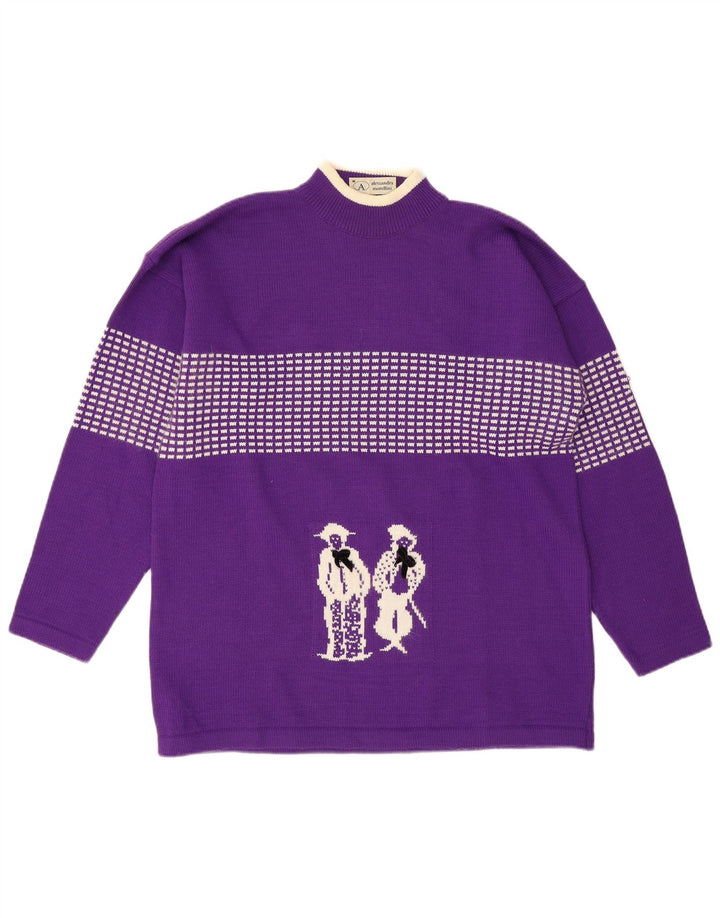 Vintage Mens Graphic Turtle Neck Jumper Sweater Medium Purple Lambswool