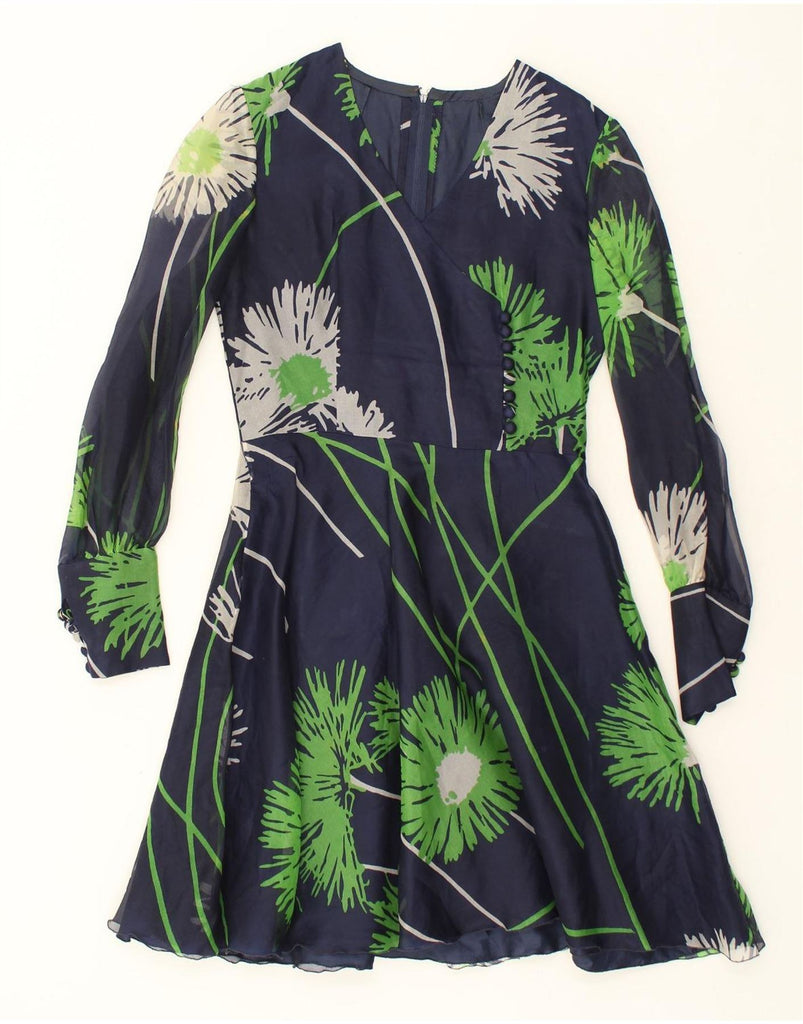 VINTAGE Womens Long Sleeve A-Line Dress UK 12 Medium Navy Blue Floral | Vintage Vintage | Thrift | Second-Hand Vintage | Used Clothing | Messina Hembry 