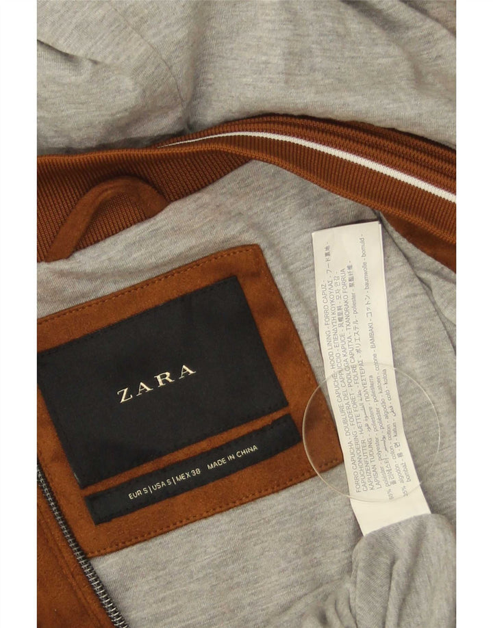 Zara Mens Hooded Bomber Jacket UK 36 Small Brown Polyester