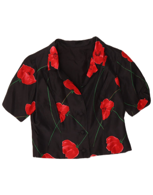 Vintage Womens Short Sleeve Crop Cardigan Top UK 12 Medium Black Floral