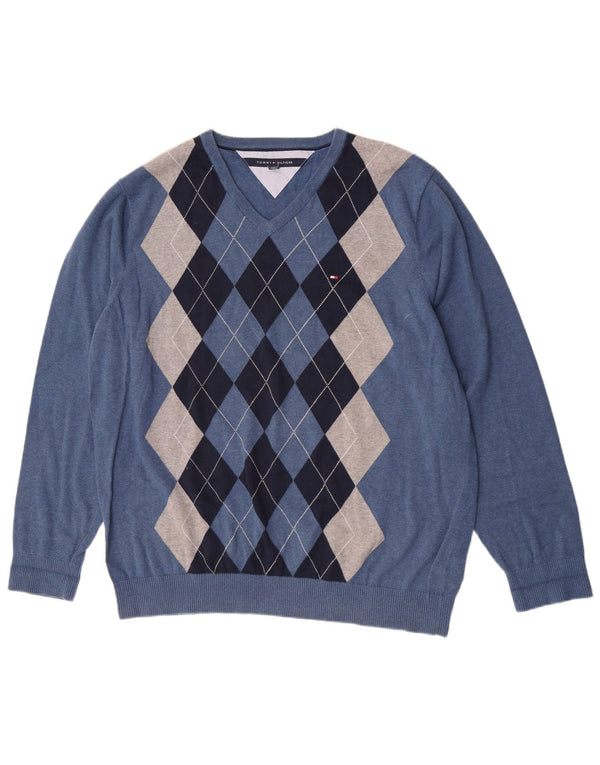 Tommy Hilfiger Mens V-Neck Jumper Sweater 2XL Blue Argyle/Diamond Cotton