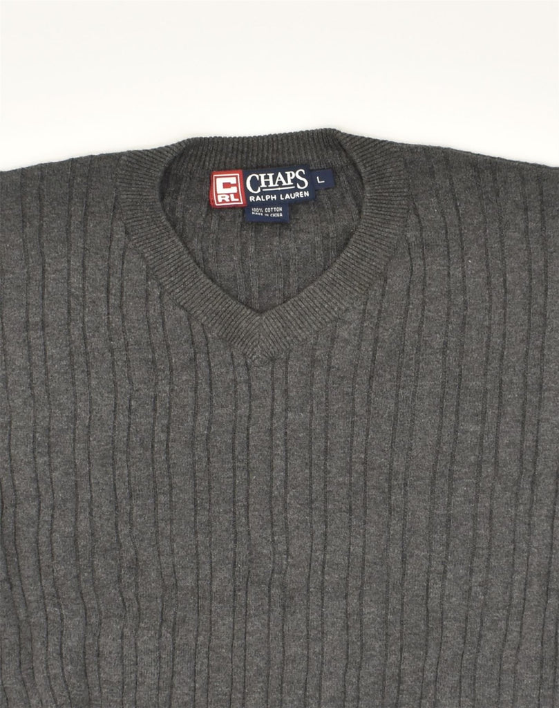 CHAPS RALPH LAUREN Mens V-Neck Jumper Sweater Large Grey Cotton | Vintage Chaps Ralph Lauren | Thrift | Second-Hand Chaps Ralph Lauren | Used Clothing | Messina Hembry 