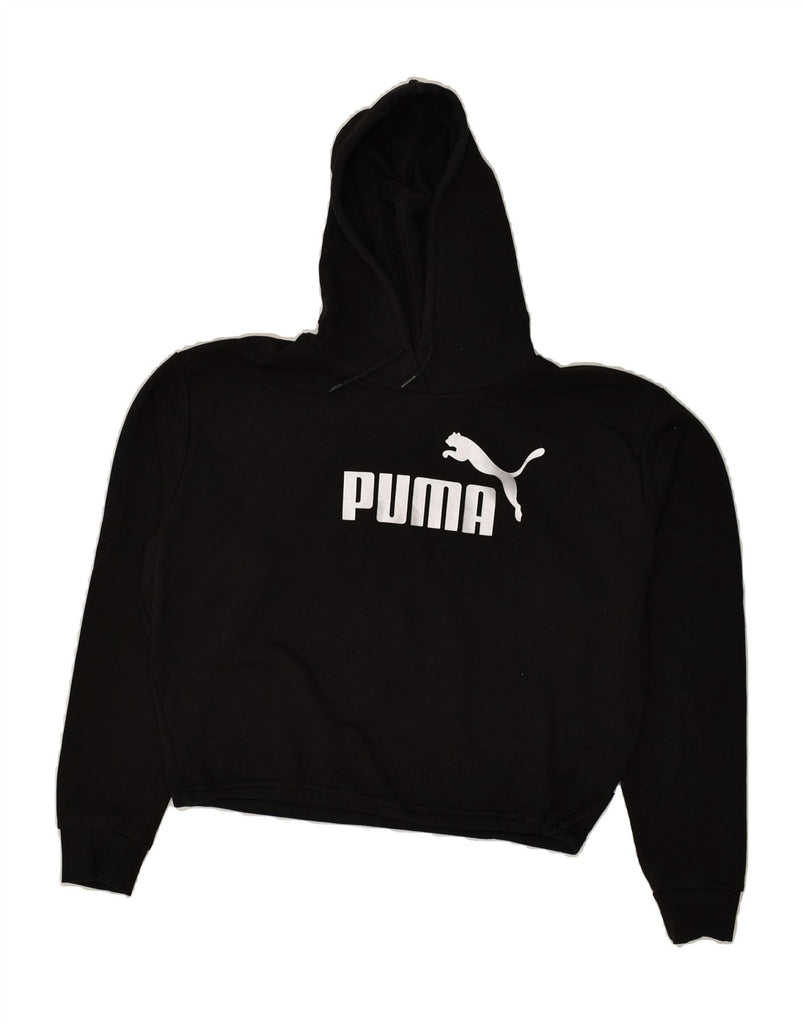 PUMA Womens Graphic Crop Hoodie Jumper UK 14 Medium Black Cotton | Vintage Puma | Thrift | Second-Hand Puma | Used Clothing | Messina Hembry 