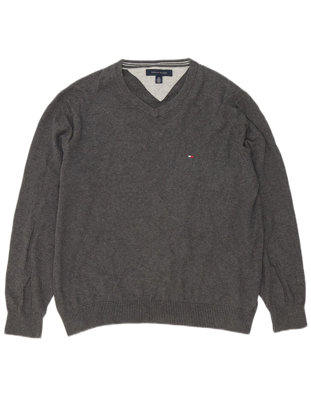Tommy Hilfiger Mens V-Neck Jumper Sweater Large Grey Cotton
