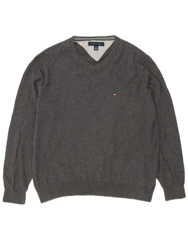 Tommy Hilfiger Mens V-Neck Jumper Sweater Large Grey Cotton