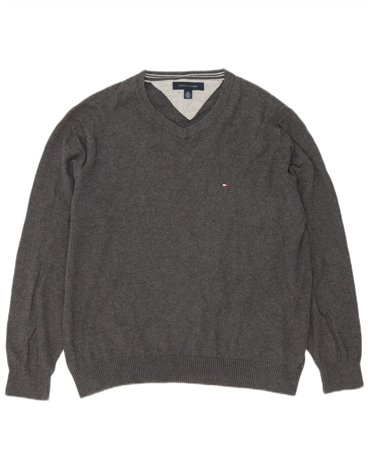 Tommy Hilfiger Mens V-Neck Jumper Sweater Large Grey Cotton
