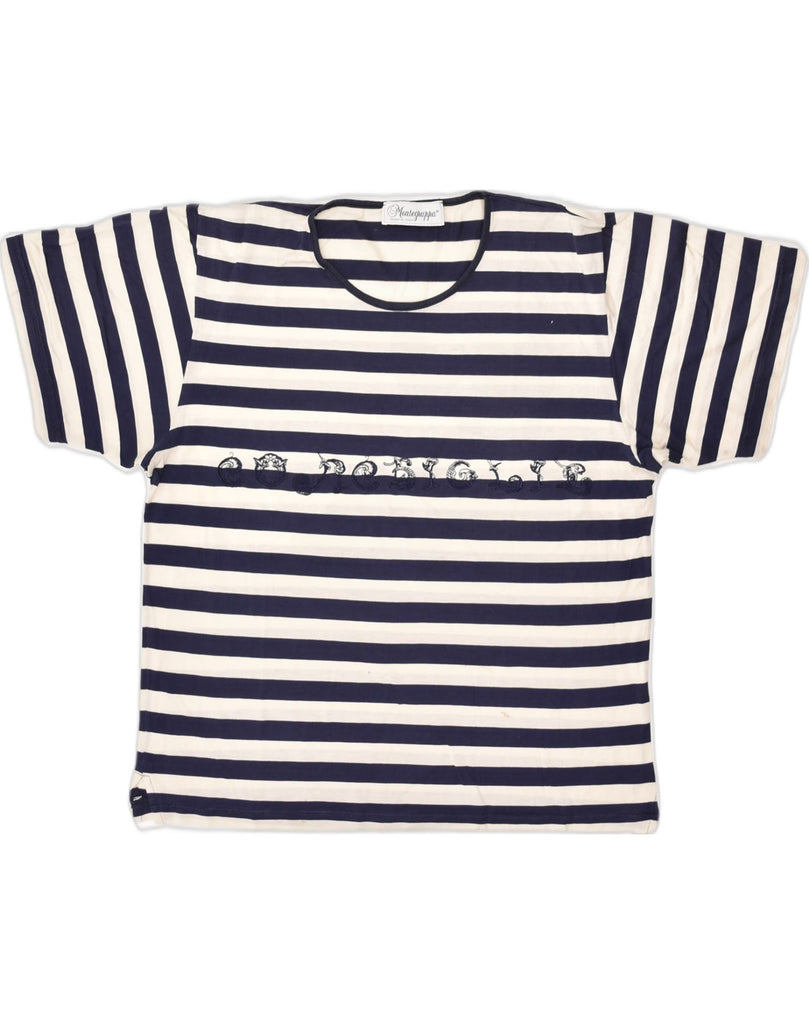 VINTAGE Womens Graphic T-Shirt Top UK 14 Medium Navy Blue Striped Cotton | Vintage Vintage | Thrift | Second-Hand Vintage | Used Clothing | Messina Hembry 