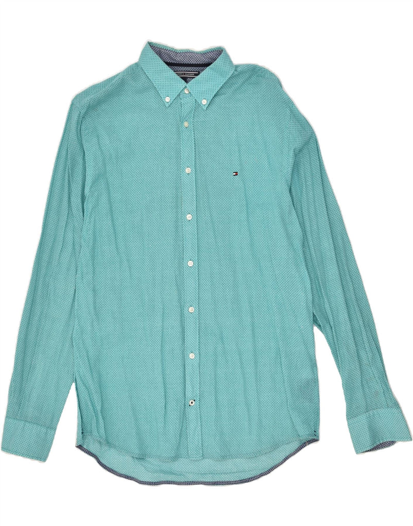 TOMMY HILFIGER Mens Shirt Large Turquoise Geometric Cotton Vintage Tommy Hilfiger and Second-Hand Tommy Hilfiger from Messina Hembry 