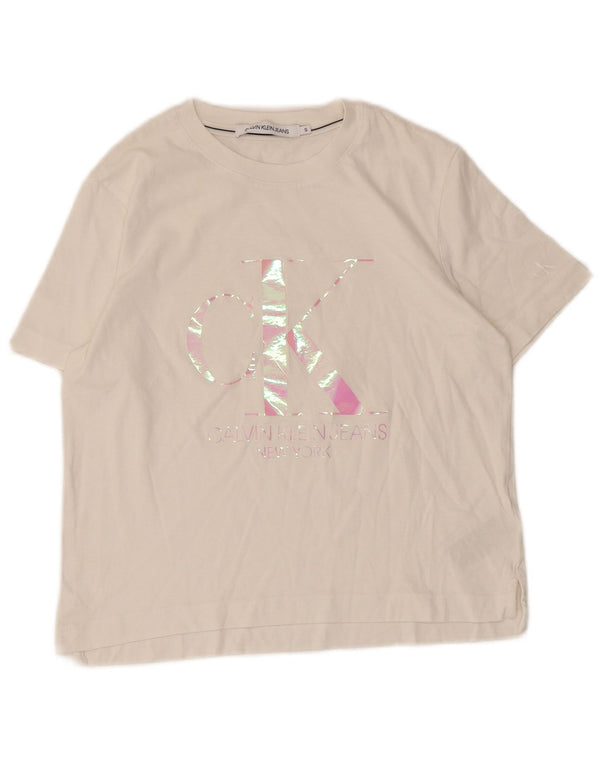Calvin Klein Jeans Womens Graphic T-Shirt Top UK 10 Small White Cotton
