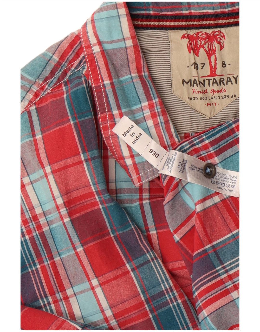 MANTARAY Mens Shirt Large Red Check Cotton