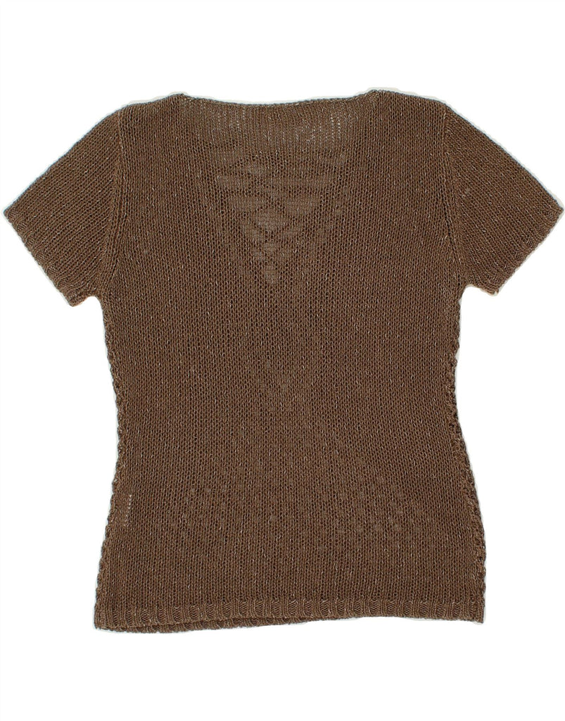 VINTAGE Womens Crop Short Sleeve V-Neck Jumper Sweater UK 14 Large Brown Vintage Vintage and Second-Hand Vintage from Messina Hembry 