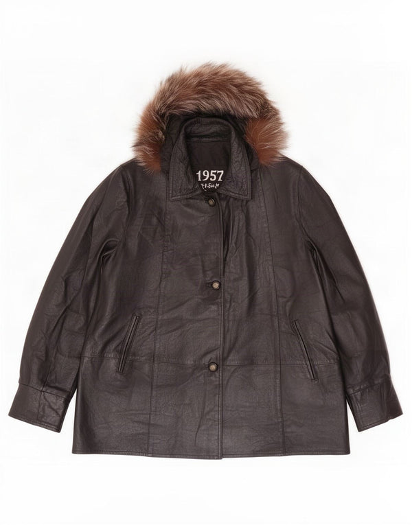 1957 Legendary Womens Hooded Leather Coat UK 18 XL Black