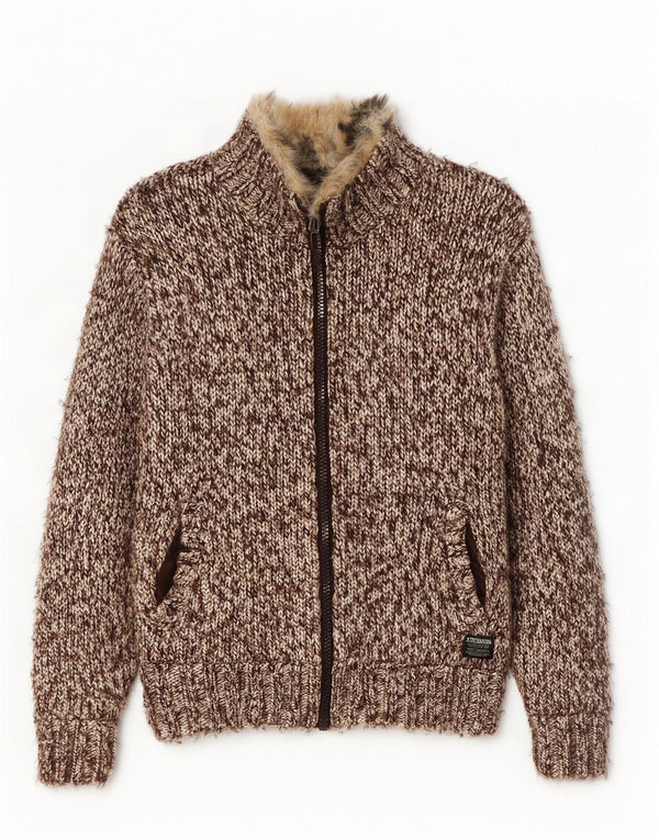 Scotch & Soda Womens Knit Sherpa Jacket UK 14 Medium Brown Flecked Acrylic